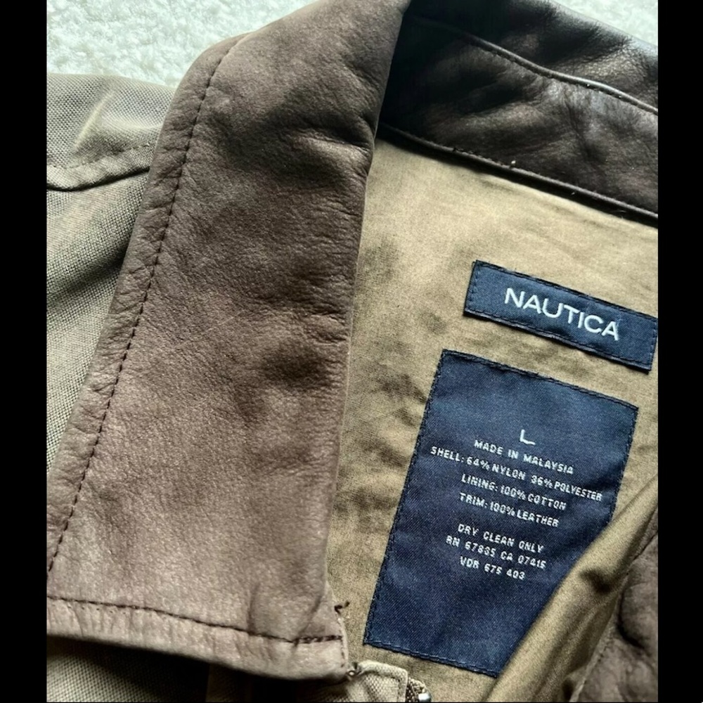 Vintage Nautica Mens Med Brown Bomber Style Jacket Leather Collar Size L - Picture 8 of 13